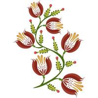 A decorative folk art floral design featuring stylized flowers with red petals, yellow stamens, and green leaves. The arrangement includes small red berries, creating a vibrant vector