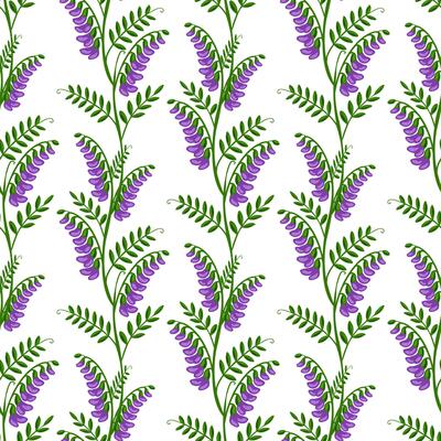 Seamless pattern of stylized tufted vetch flowers with vibrant purple blossoms and lush green leaves, arranged in a vertical repeating design on a white background.