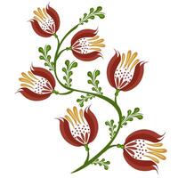 A decorative folk art floral design featuring stylized flowers with red petals and yellow accents, intertwined with green leaves and stems, on a white background. vector