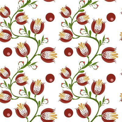 A seamless floral folk art pattern featuring stylized red flowers with green stems and leaves, interspersed with circular red dots on a white background.