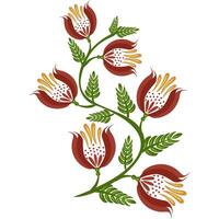 A decorative folk art floral design featuring stylized flowers with red petals and yellow stamens, intertwined with green leaves. The composition is elegant vector