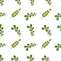 A seamless folk art pattern featuring stylized green leaves on a white background. The design includes various leaf shapes, creating a fresh and natural aesthetic. vector