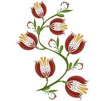A decorative folk art floral design featuring stylized red and gold flowers with green stems and small berries. The arrangement is elegant and flowing. vector