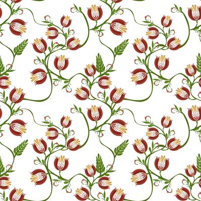 A seamless floral folk art pattern featuring stylized flowers in red and yellow with green leaves on a white background. The design is intricate and vibrant.