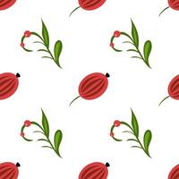 A seamless folk art pattern featuring stylized red berries and green leaves on a white background. The design is playful and vibrant, suitable for textiles or wallpaper. vector