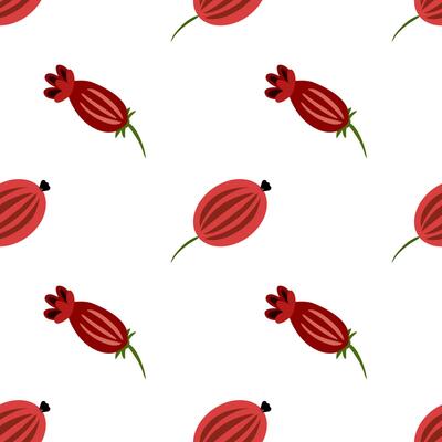 A seamless folk art pattern featuring stylized red flowers with green stems on a white background. The flowers have a rounded shape and distinct petal designs