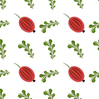 A seamless folk art pattern featuring red oval shapes resembling berries and green leafy elements on a white background. The design is vibrant and playful, suitable for textiles or wallpapers. vector
