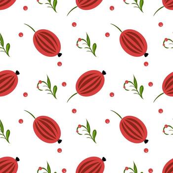 un sin costura gente Arte modelo presentando estilizado rojo sandias y verde hojas en un blanco antecedentes. el diseño incluye pequeño rojo puntos y floral elementos, creando un juguetón y Fresco mirar. vector