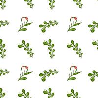 A seamless folk art pattern featuring green leaves and red berries on a white background, ideal for festive or botanical themes. vector