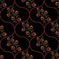 A seamless floral folk art pattern featuring stylized flowers in shades of red and green against a black background, enclosed in circular shapes. The design is elegant and modern vector