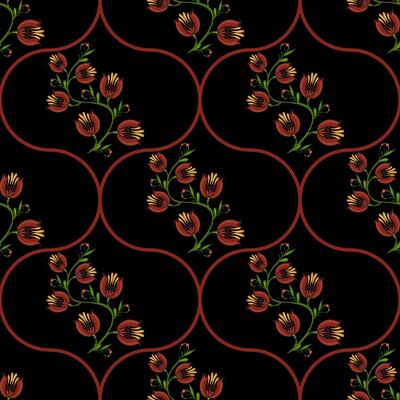 A seamless floral folk art pattern featuring stylized flowers in shades of red and green against a black background, enclosed in circular shapes. The design is elegant and modern