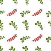 A seamless folk art pattern featuring green leaves and red berries on a white background, ideal for festive or seasonal designs. vector