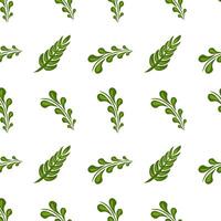 A seamless folk art pattern featuring various green leaf designs on a white background. The leaves are stylized with smooth curves and varying shapes, creating a fresh and natural look. vector
