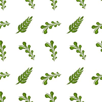 A seamless folk art pattern featuring various green leaf designs on a white background. The leaves are stylized with smooth curves and varying shapes, creating a fresh and natural look.