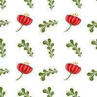A seamless folk art pattern featuring vibrant red flowers and green leaves on a white background. The design is cheerful and suitable for various decorative purposes. vector