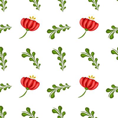 A seamless folk art pattern featuring vibrant red flowers and green leaves on a white background. The design is cheerful and suitable for various decorative purposes.