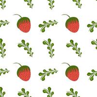 A seamless folk art pattern featuring stylized strawberries and green leaves on a white background. The strawberries are red with green tops, while the leaves are vibrant green. vector