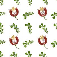 A seamless folk art pattern featuring stylized flowers and leaves in red and green on a white background. The design is vibrant and suitable for textiles or wallpaper. vector