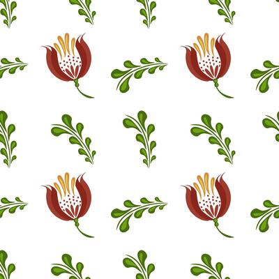 A seamless folk art pattern featuring stylized flowers and leaves in red and green on a white background. The design is vibrant and suitable for textiles or wallpaper.