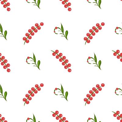 A seamless folk art pattern featuring clusters of red berries and green leaves on a white background. The design is simple and elegant, suitable for textiles or wallpapers.