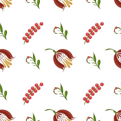 A seamless folk art pattern featuring stylized flowers and berries in red, green, and yellow on a white background. The design is playful and vibrant, suitable for textiles or wallpapers.
