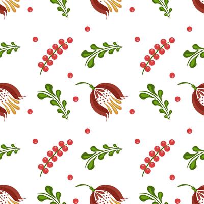A seamless folk art pattern featuring stylized floral elements, including red berries, green leaves, and brown flowers with yellow accents, set against a white background.