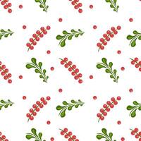 A seamless folk art pattern featuring red berries and green leaves on a white background. The design is playful and vibrant, suitable for textiles or wrapping paper. vector