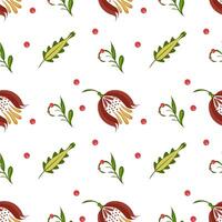 A seamless folk art pattern featuring stylized flowers, leaves, and small red berries on a white background. The design is vibrant and suitable for textiles or wallpapers. vector
