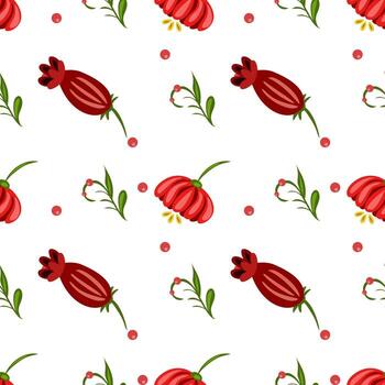 un sin costura gente Arte modelo presentando rojo flores y verde hojas en un blanco antecedentes. el diseño incluye varios floral formas y pequeño rojo puntos, creando un vibrante y alegre mirar. vector