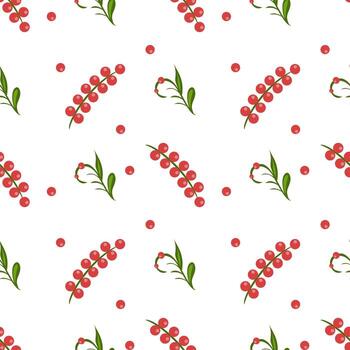A seamless folk art pattern featuring clusters of red berries and green leaves on a white background. The design includes small red dots scattered throughout, creating a cheerful and vibrant. vector