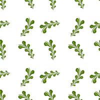 A seamless folk art pattern featuring stylized green leaves on a white background. The design is vibrant and fresh, suitable for textiles, wallpapers, or nature themed projects. vector