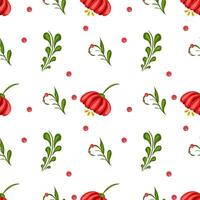 Cheerful seamless folk art pattern with red flowers, green leaves, red dots on white. Vibrant design for fabric or wallpaper vector