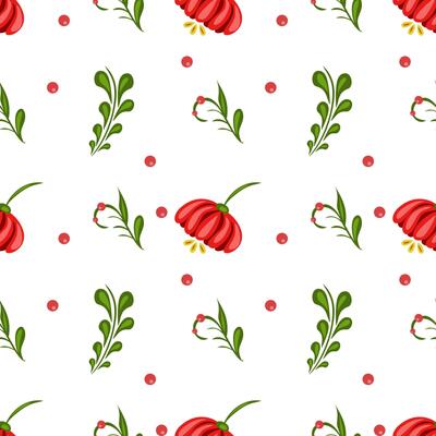 Cheerful seamless folk art pattern with red flowers, green leaves, red dots on white. Vibrant design for fabric or wallpaper