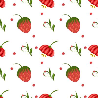 A seamless folk art pattern featuring red strawberries, red flowers, and green leaves on a white background. The design is playful and vibrant, suitable for textiles or wallpapers.