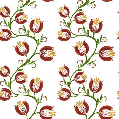A seamless floral folk art pattern featuring stylized red flowers with yellow stamens and green leaves on a white background. The design is vibrant and decorative