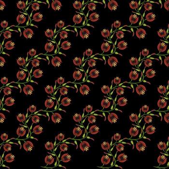 un sin costura gente Arte modelo presentando vibrante rojo flores con verde tallos en un negro antecedentes. el floral diseño es intrincado y simétrico, creando un visualmente atractivo textil vector