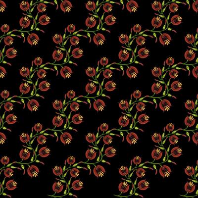 A seamless folk art pattern featuring vibrant red flowers with green stems on a black background. The floral design is intricate and symmetrical, creating a visually appealing textile