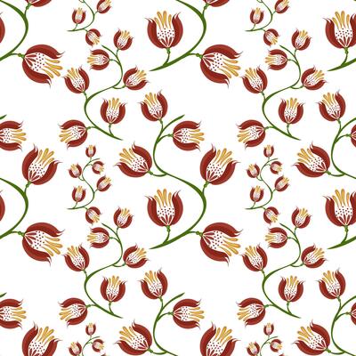 A seamless floral folk art pattern featuring stylized red flowers with yellow and white details on a white background. The design includes green stems and leaves