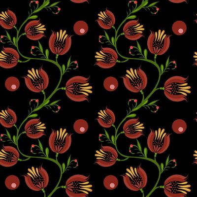 A seamless floral folk art pattern featuring stylized red flowers with yellow stamens and green leaves, set against a black background with red circular accents.