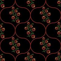 A seamless floral folk art pattern featuring stylized red flowers and green leaves on a black background, arranged in a repeating circular design. vector