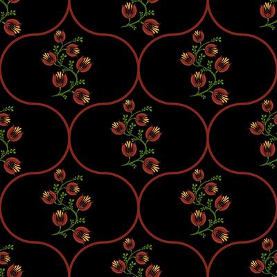 A seamless floral folk art pattern featuring stylized red flowers and green leaves on a black background, arranged in a repeating circular design.