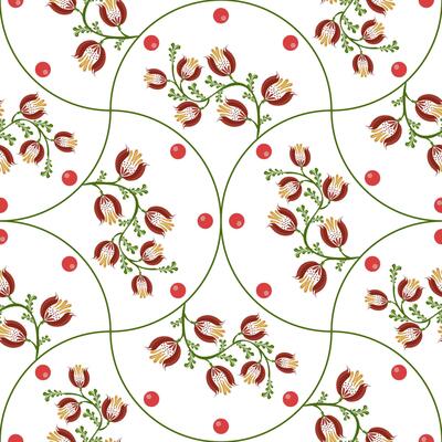 A seamless floral folk art pattern featuring red flowers with yellow accents and green leaves, arranged in a circular design with red dots on a white background.