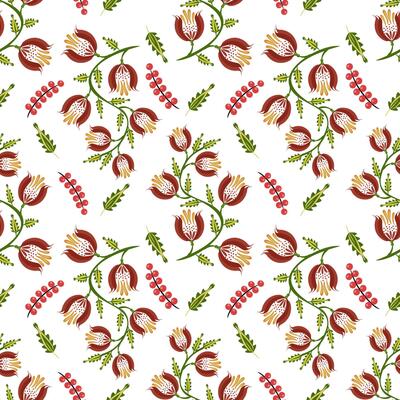 A seamless floral folk art pattern featuring red tulips, green leaves, and clusters of berries on a white background. The design is vibrant and suitable for textiles or wallpapers.