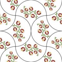 A seamless floral folk art pattern featuring red and yellow flowers with green leaves on a white background, arranged in circular sections with black outlines. vector