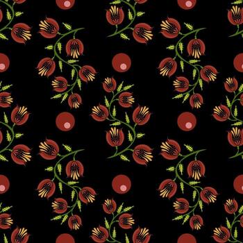 A seamless folk art pattern featuring stylized flowers and circular shapes on a black background. The design includes red and yellow flowers intertwined with green leaves, complemented by red. vector