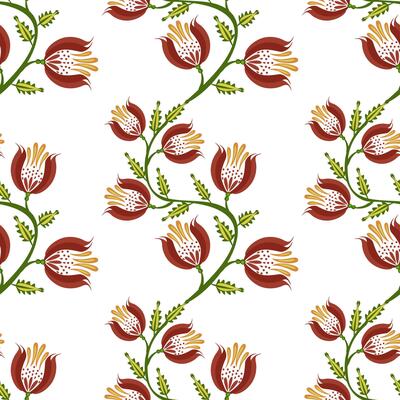 A seamless floral folk art pattern featuring stylized red flowers with yellow accents and green leaves on a white background. The design is vibrant and suitable for textiles or wallpapers.