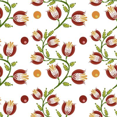 A seamless floral folk art pattern featuring red and yellow flowers with green leaves, interspersed with circular shapes in orange and brown on a white background.