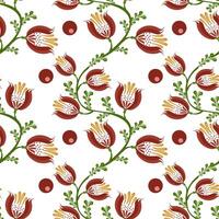 A seamless floral folk art pattern featuring stylized red flowers with yellow stamens, green leaves, and circular red accents on a white background. vector
