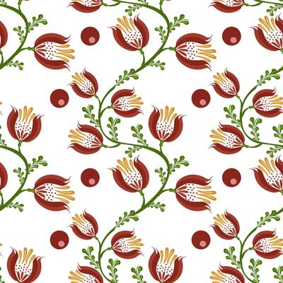 A seamless floral folk art pattern featuring stylized red flowers with yellow stamens, green leaves, and circular red accents on a white background.