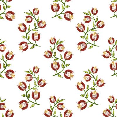 A seamless floral folk art pattern featuring red tulip like flowers with yellow accents and green leaves on a white background.